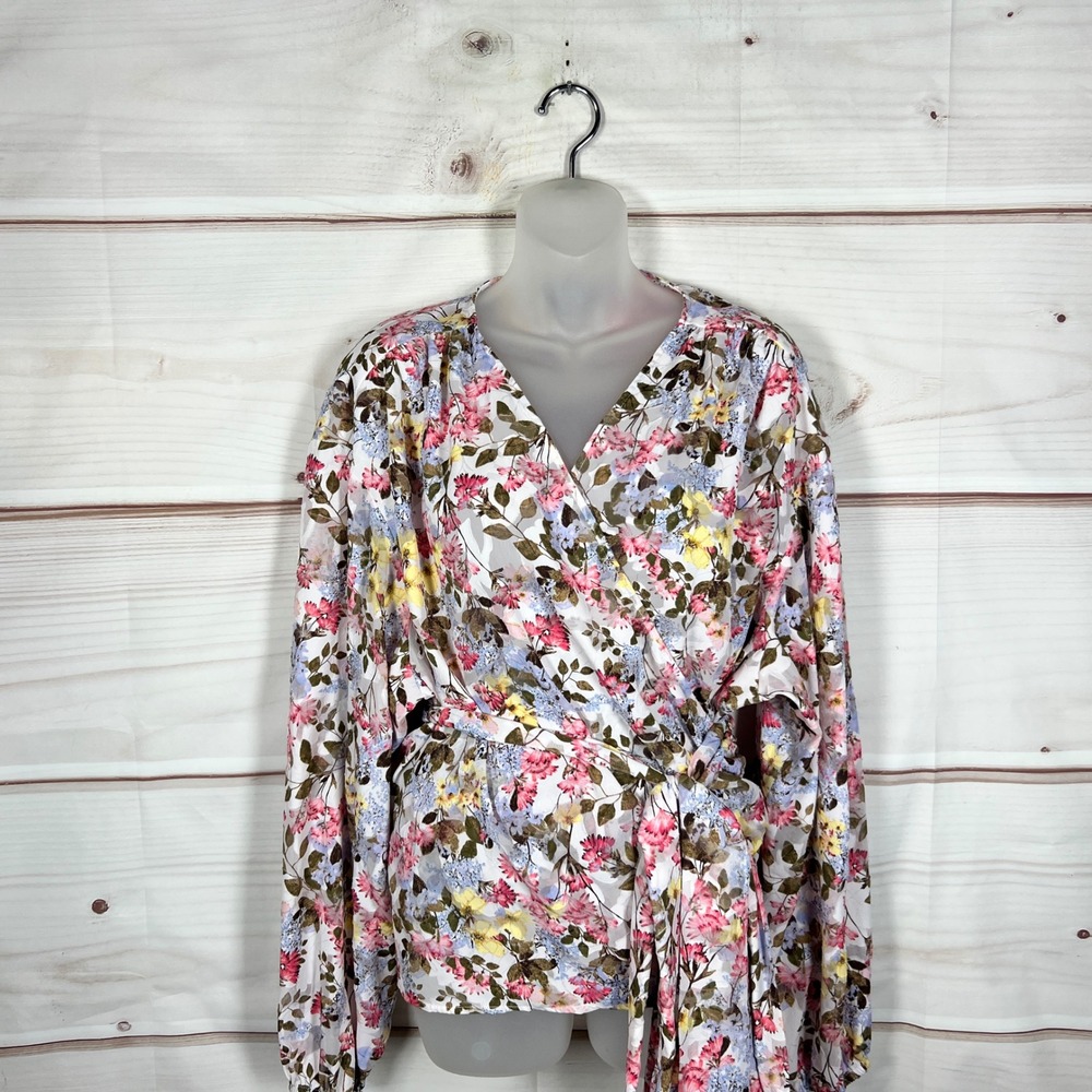 Lane Bryant Wrap Top Womens 24 Multicolor Floral Long Sleeve V-Neck Blouse Woven